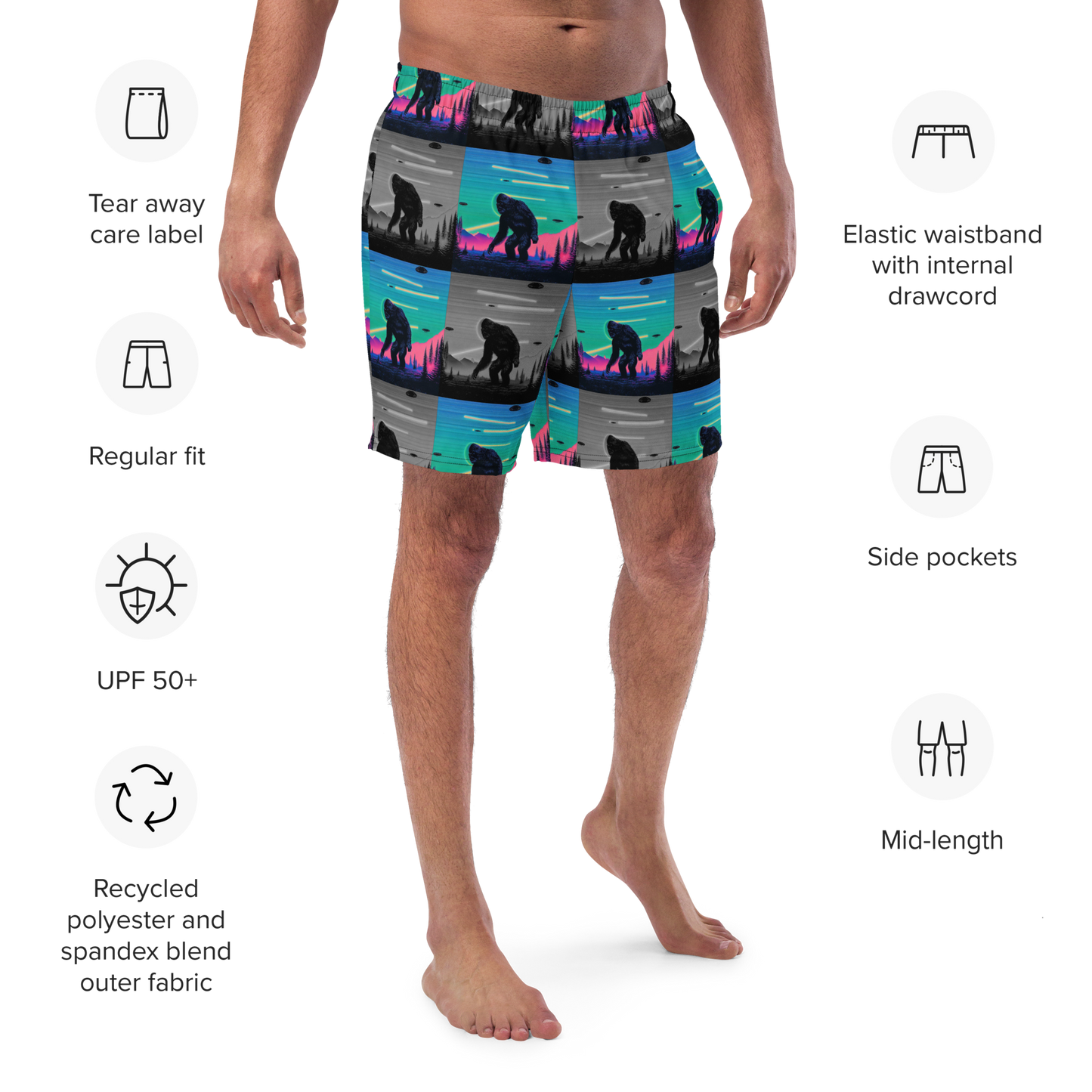 Neon Bigfoot Wood Art Men's swim trunks