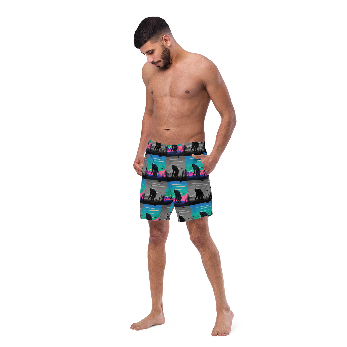 Neon Bigfoot Wood Art Men's swim trunks