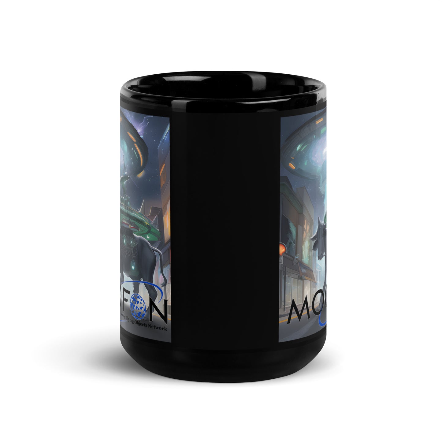 MOOFON - Mooing Flying Object Network Black Glossy Mug