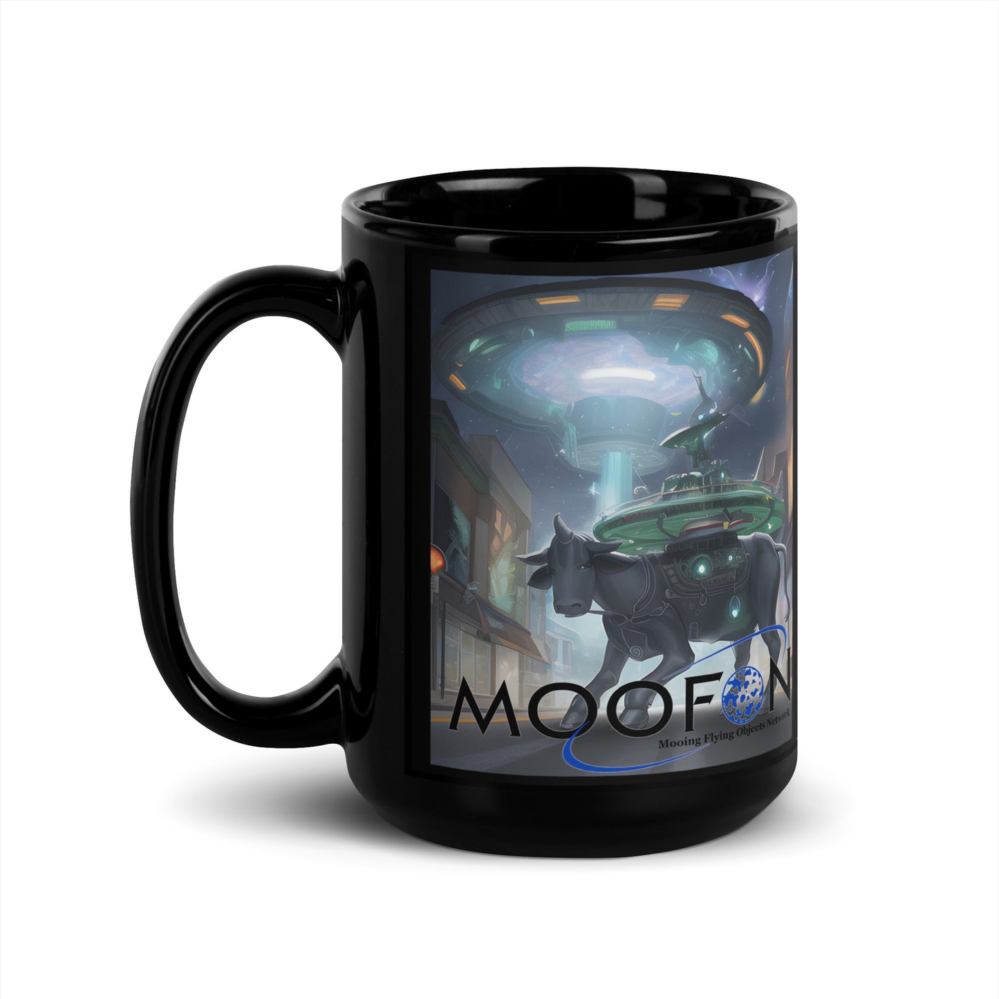 MOOFON - Mooing Flying Object Network Black Glossy Mug