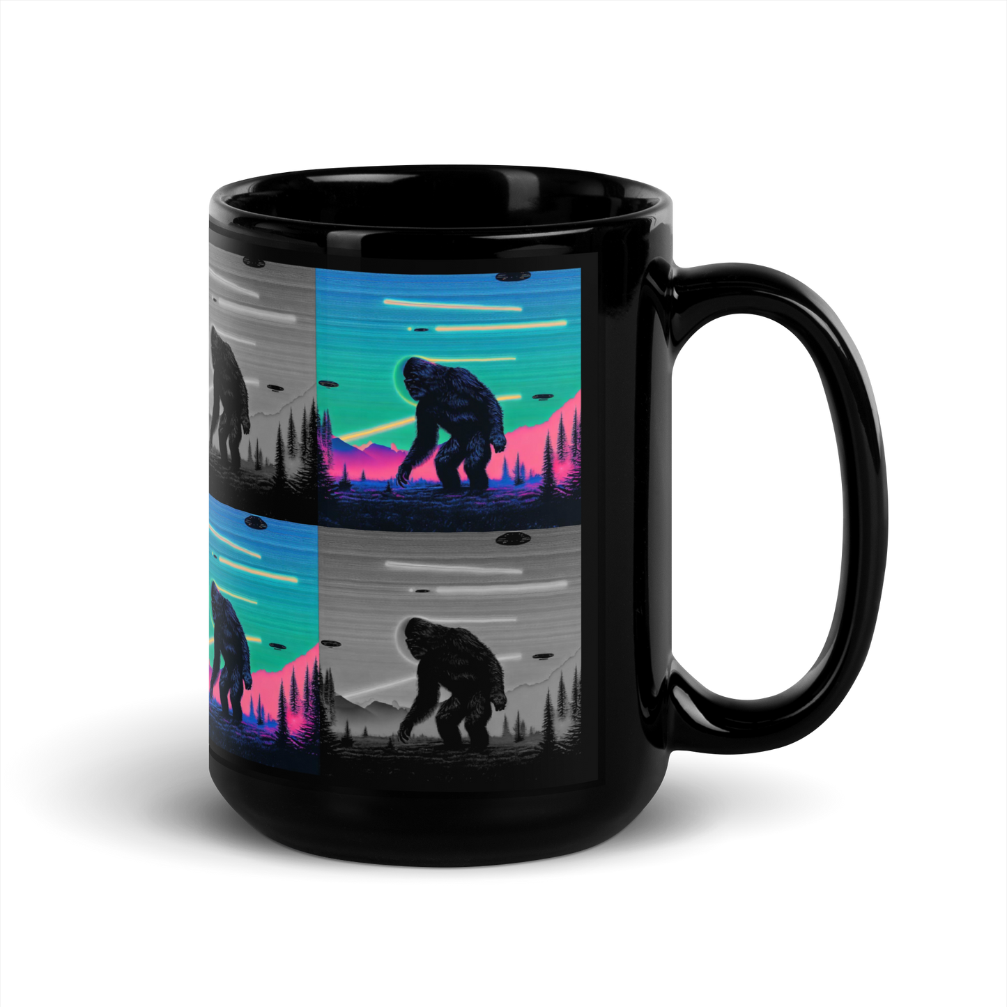 Neon Bigfoot Wood Art Black Glossy Mug
