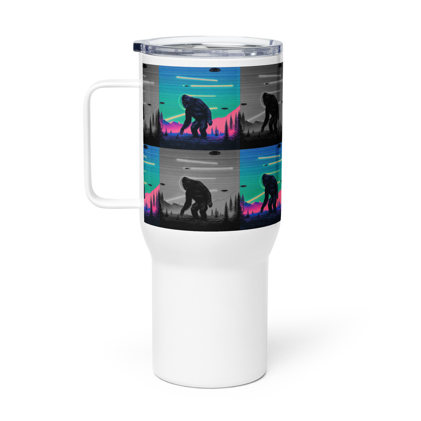 Neon Bigfoot Wood Art Travel mug with a handle