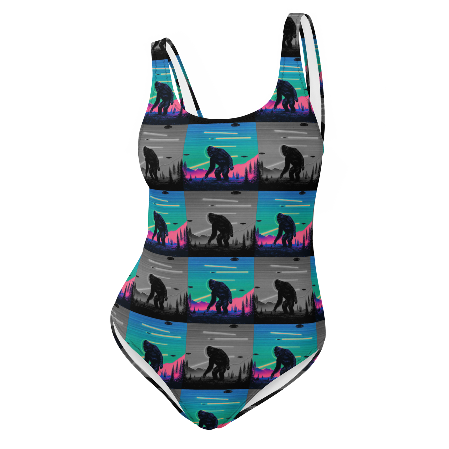 Neon Bigfoot Wood Art One-Piece Swimsuit