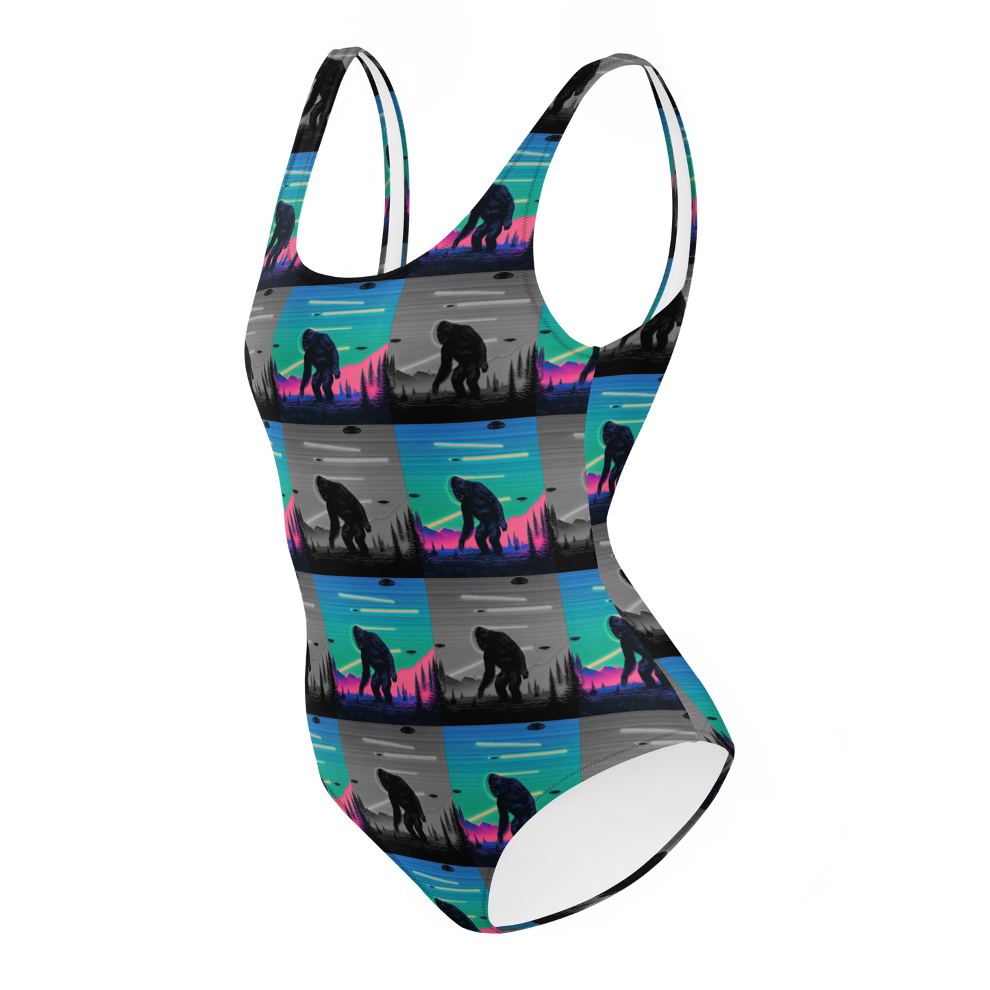 Neon Bigfoot Wood Art One-Piece Swimsuit