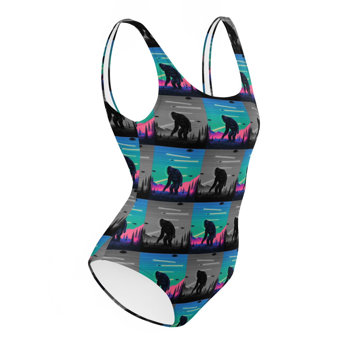 Neon Bigfoot Wood Art One-Piece Swimsuit