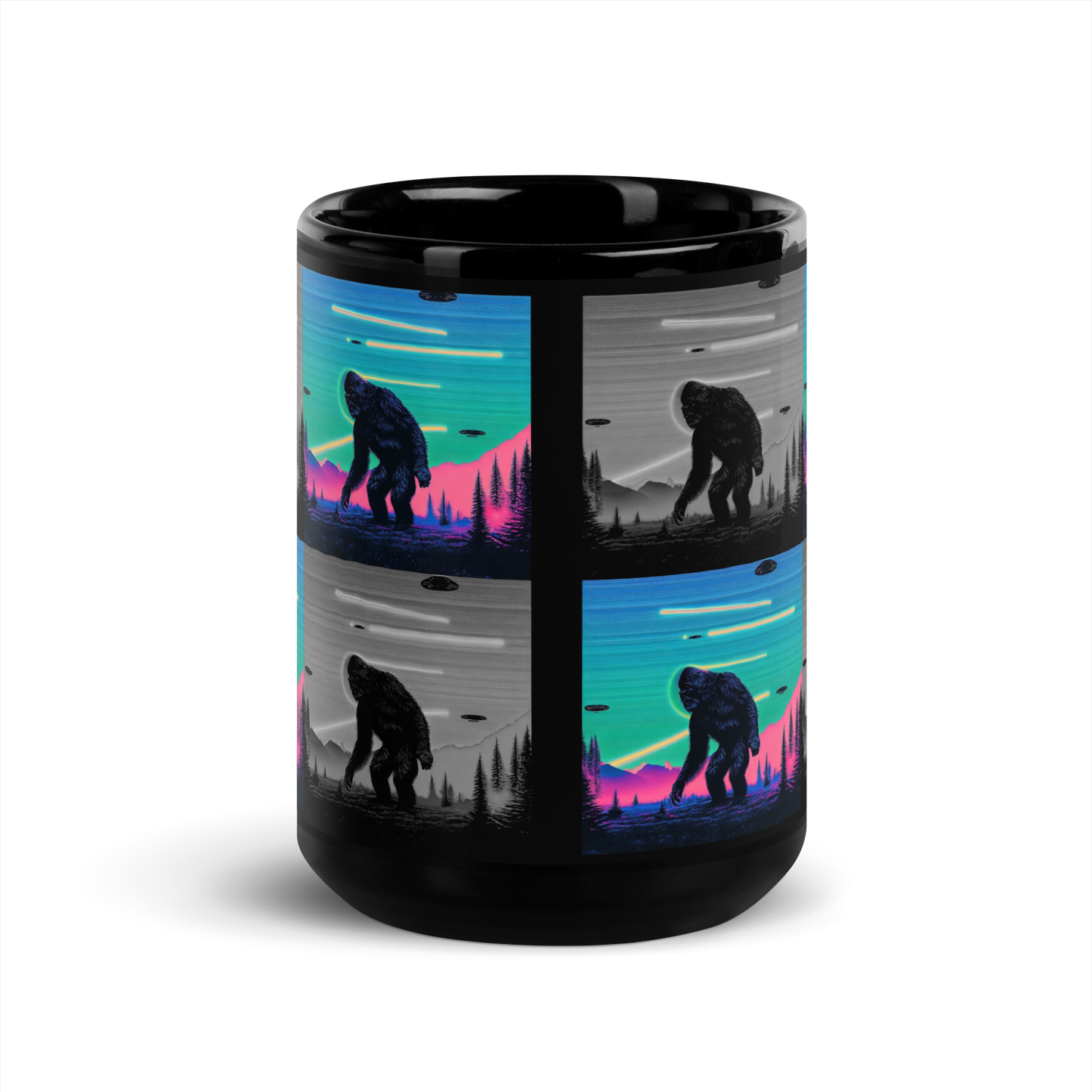 Neon Bigfoot Wood Art Black Glossy Mug