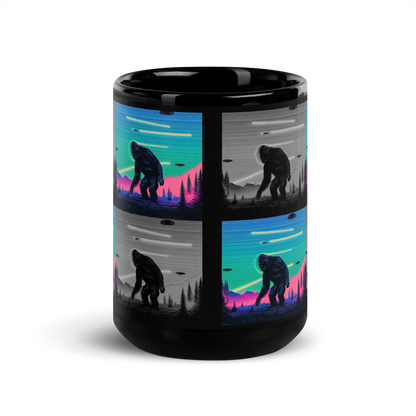 Neon Bigfoot Wood Art Black Glossy Mug