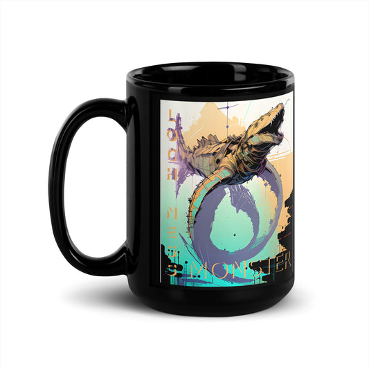 Loch Ness Monster Inkpunk Black Glossy Mug