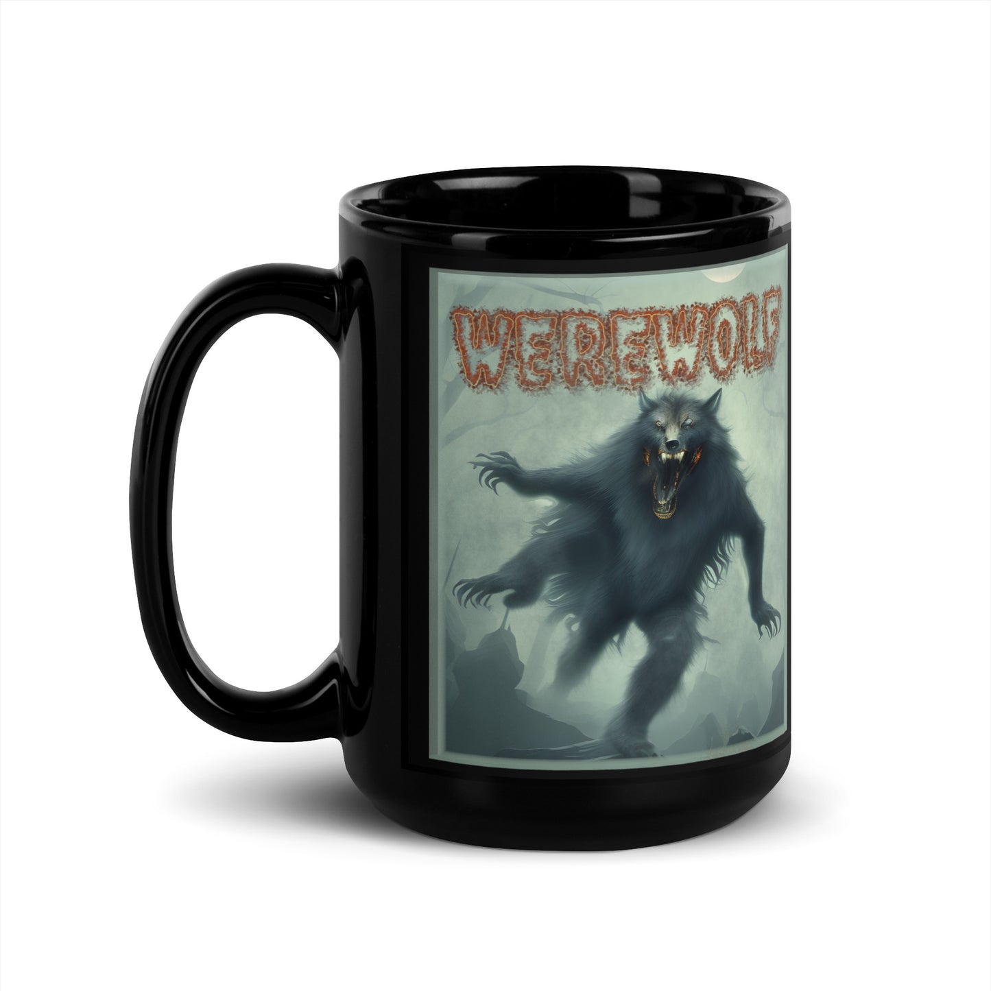 Werewolf Misty Graveyard Black Glossy Mug