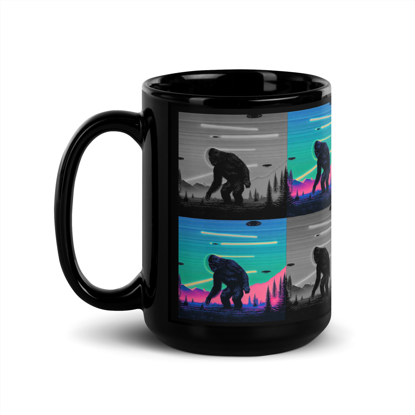 Neon Bigfoot Wood Art Black Glossy Mug