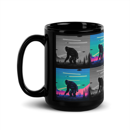 Neon Bigfoot Wood Art Black Glossy Mug