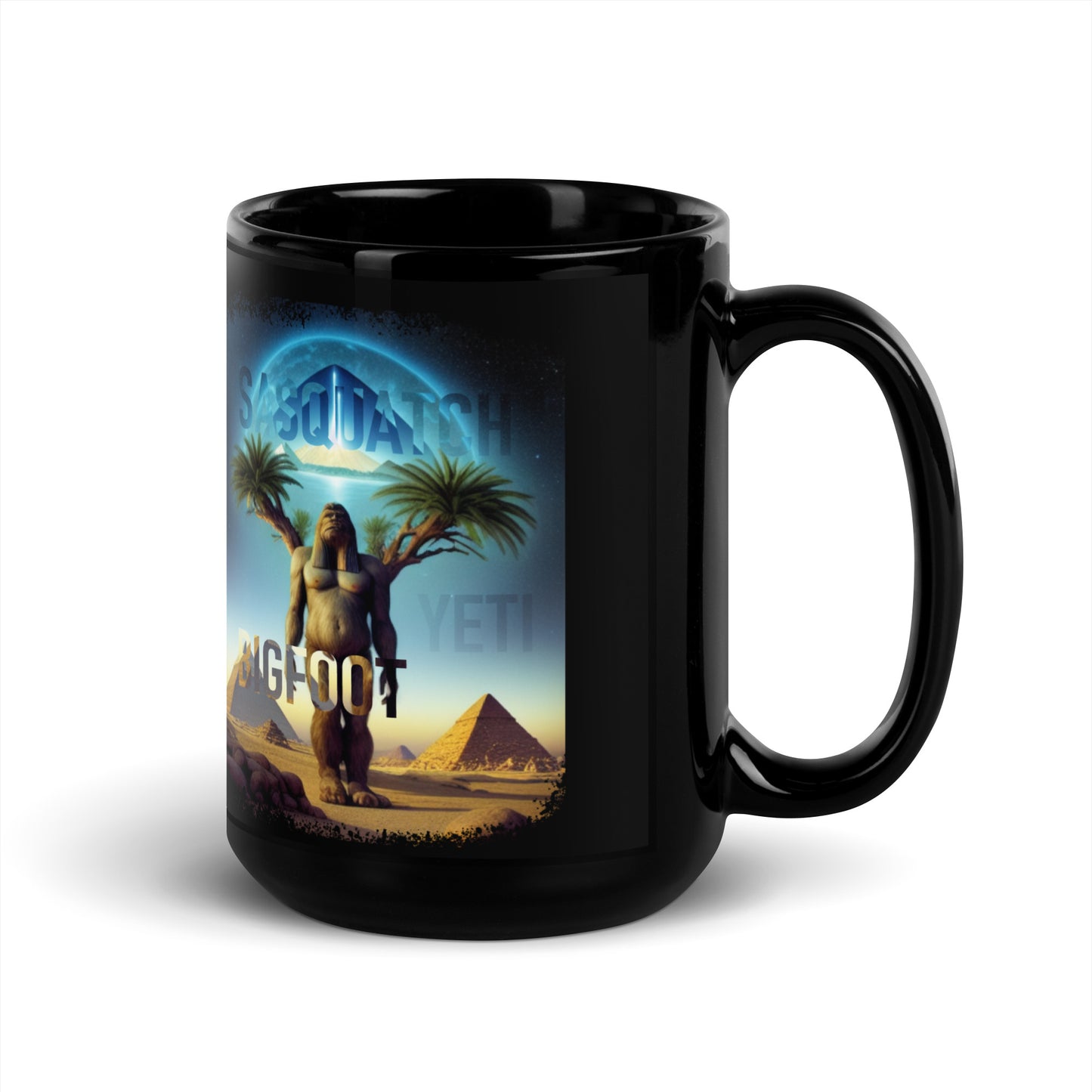 Sasquatch Yeti Bigfoot Pyramid Black Glossy Mug