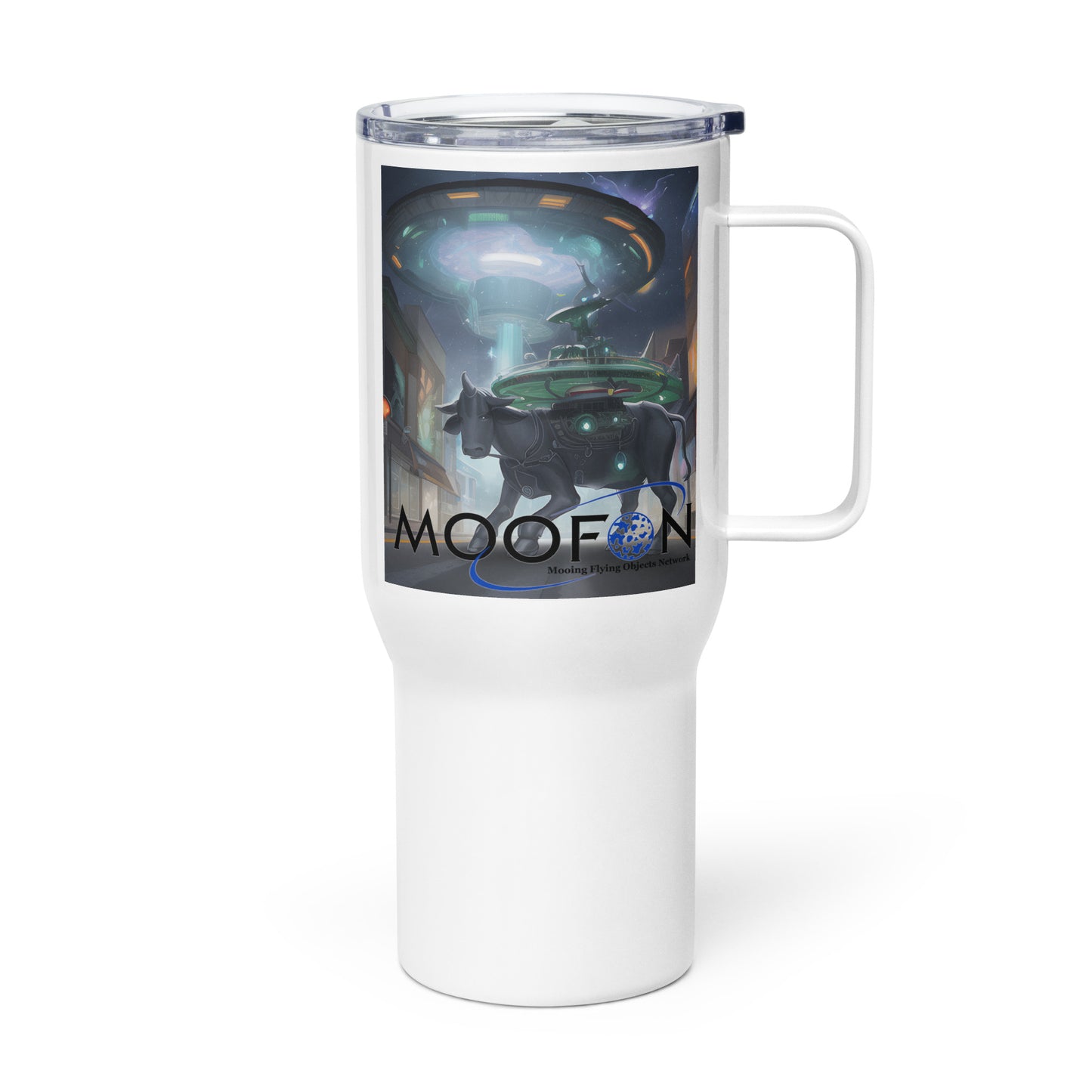 MOOFON - Mooing Flying Object Network Travel mug with a handle