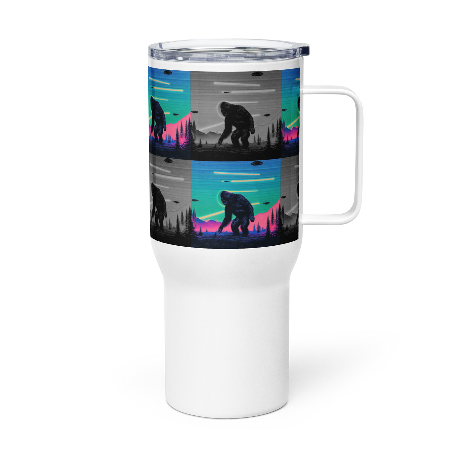 Neon Bigfoot Wood Art Travel mug with a handle