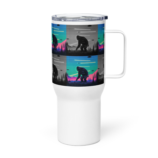 Neon Bigfoot Wood Art Travel mug with a handle