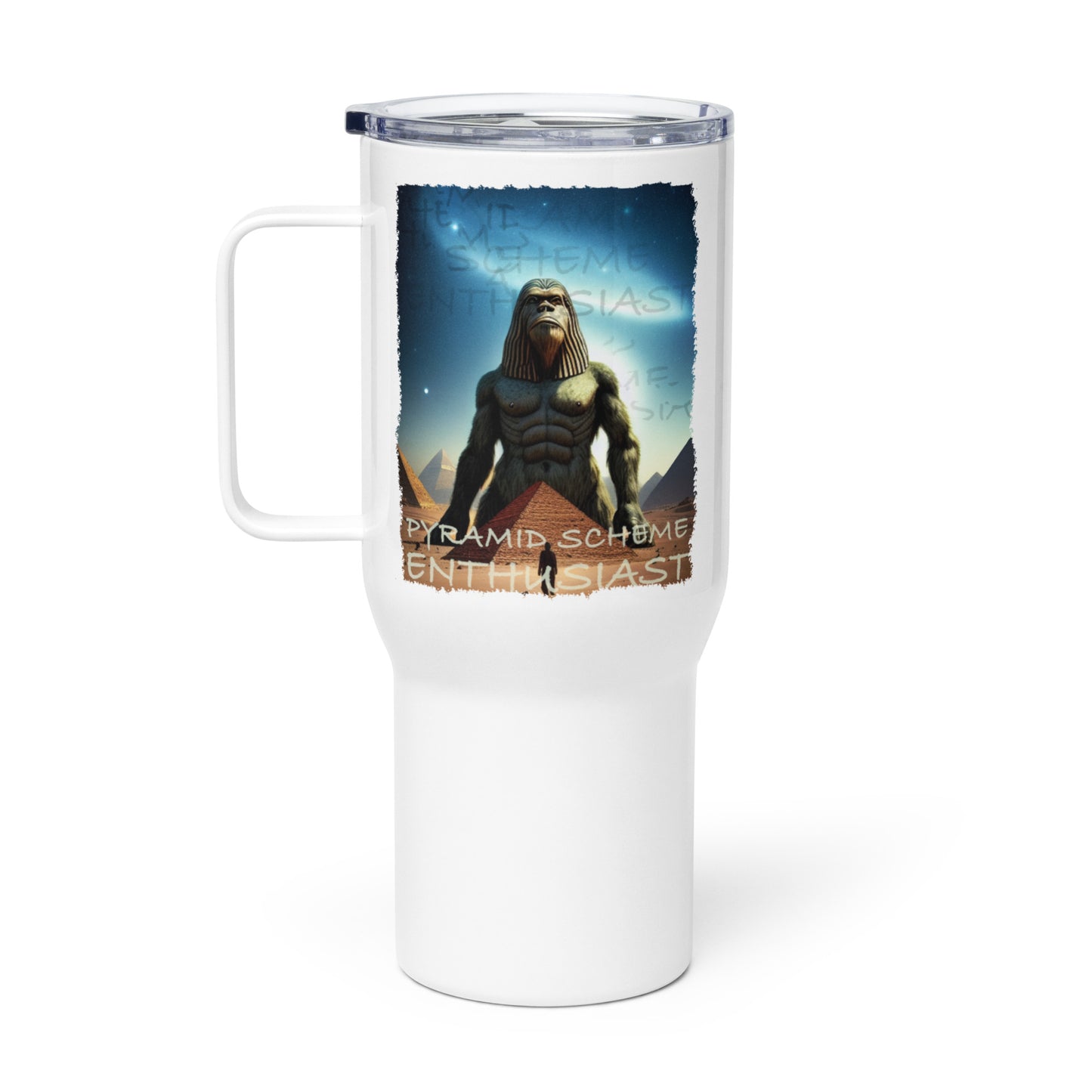 Pyramid Scheme Enthusiast Sasquatch Travel mug with a handle