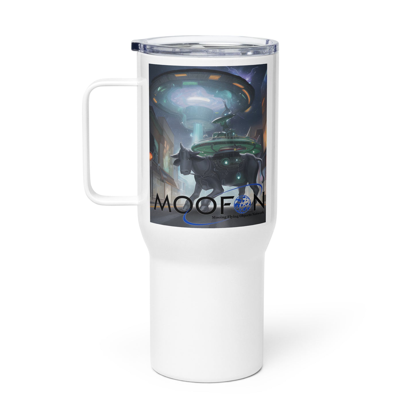 MOOFON - Mooing Flying Object Network Travel mug with a handle